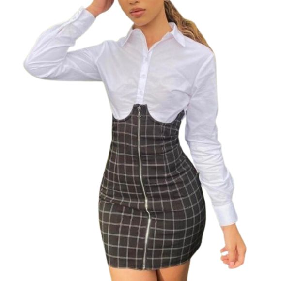 h:ours Lillian Zip Front High Waisted Mini Skirt Plaid Black White Size S - Picture 1 of 7
